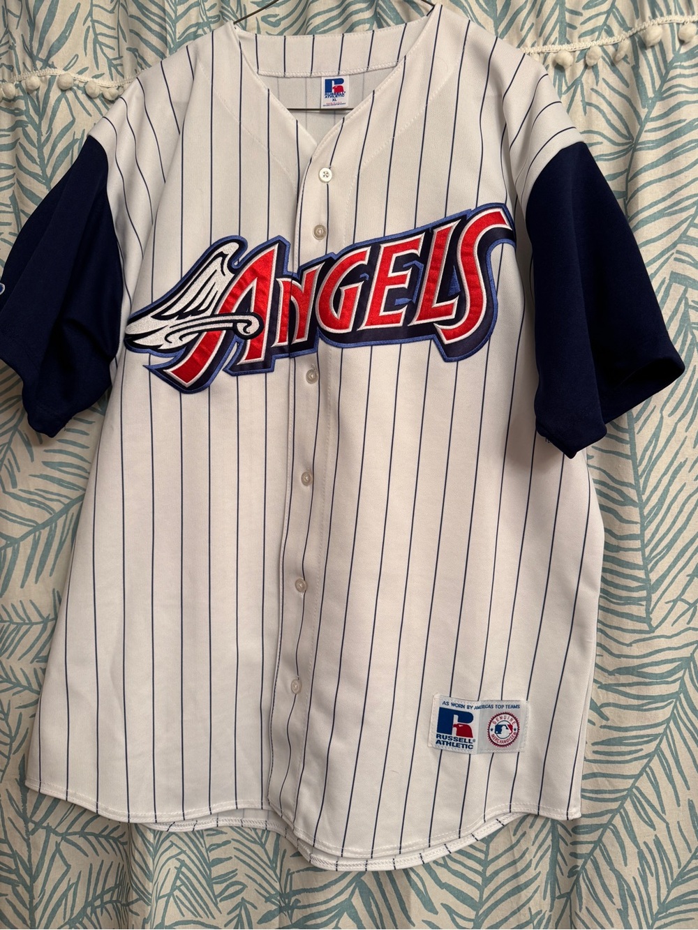 Russell Athletic White Navy Red Anaheim Angels Pinstripe Baseball Jersey